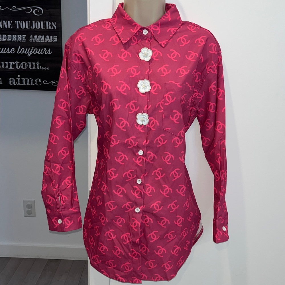 Pink Button-Up Chemise with White Accents